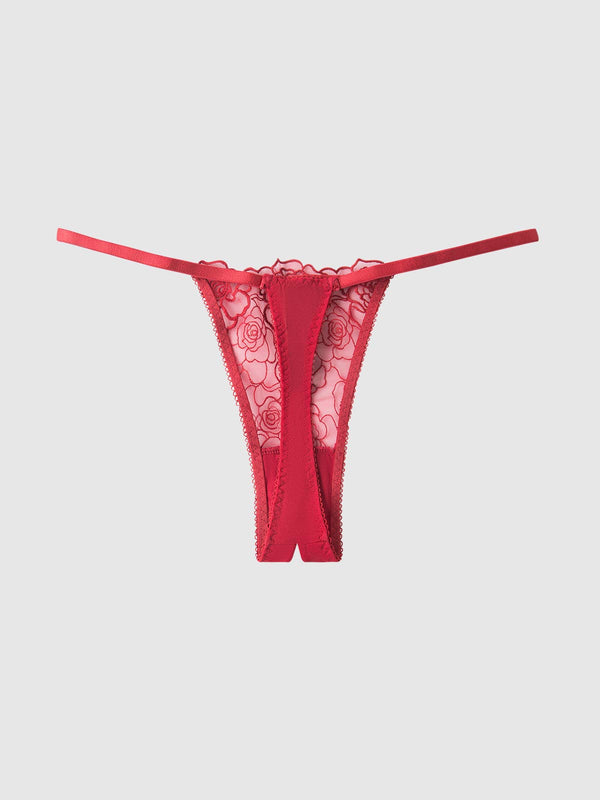 ROSALIE EMBROIDERED LACE & MESH CROTCHLESS THONG