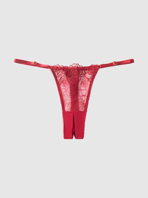 ROSALIE EMBROIDERED LACE & MESH CROTCHLESS THONG
