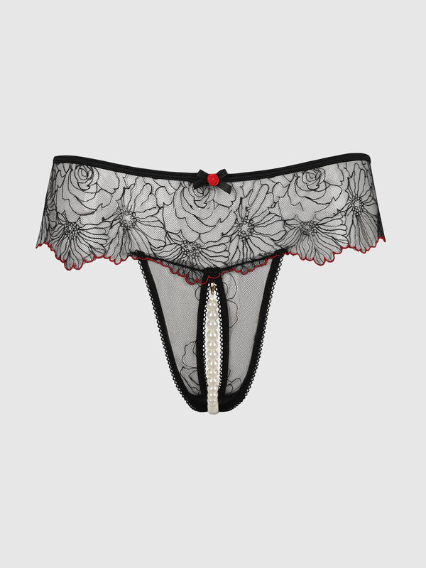 ILENA EMBROIDERED TULLE & PEARL CROTCHLESS THONG