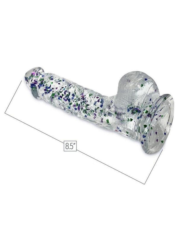 Glittergasm Realistic Clear Dildo with Balls and Suction Cup - Red/Orange/Golden Glitter