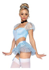 Leg Avenue Glass Slipper Cinderella Boned Sweetheart Crop Top with Organza Sleeves, Garter Panty with Shimmer Sheer Skirt, Ribbon Choker, and Matching Hair Band - Blue - Medium - 4 Piece