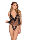 Leg Avenue Lace Trimmed Sheer Babydoll with Rosette Accent and Matching Lace Panty - Black - Medium - 2 Piece
