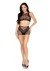 Leg Avenue Net and Lace Crop Top and Matching Boy Shorts (2 Piece) - Os