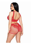 Leg Avenue Net and Lace Crop Top and Matching Boy Shorts (2 Piece) - Os - Red