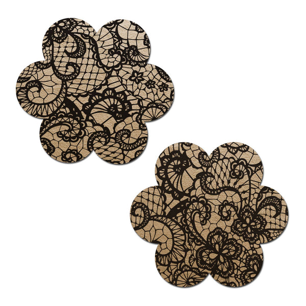 Daisy: light nude with black lace flower nipple pasties