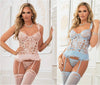 B2227BLUE - 3pc Lace Up Garter Corset With Thong & Stockings