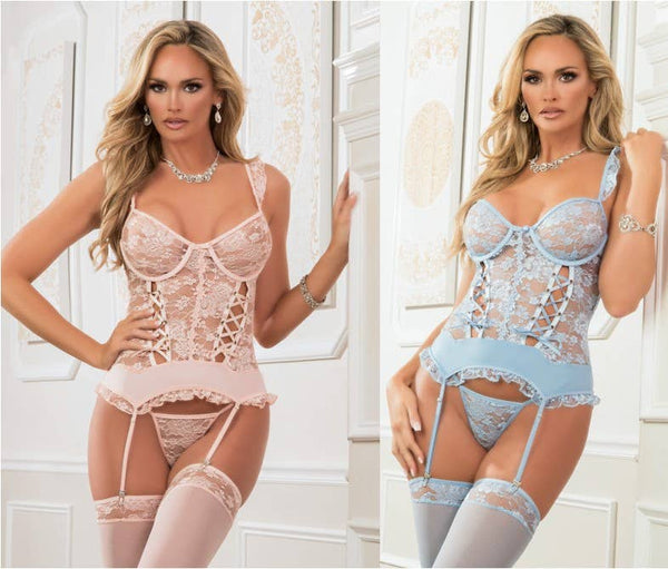 B2227BLUE - 3pc Lace Up Garter Corset With Thong & Stockings