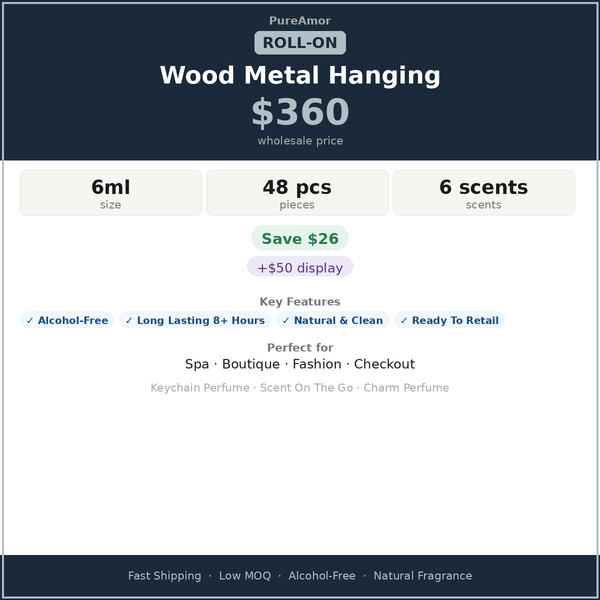 Roll-On Perfume Oil Wood Metal Hanging Display — 6 Best Seller Scents | 48 × 6ml Bottles