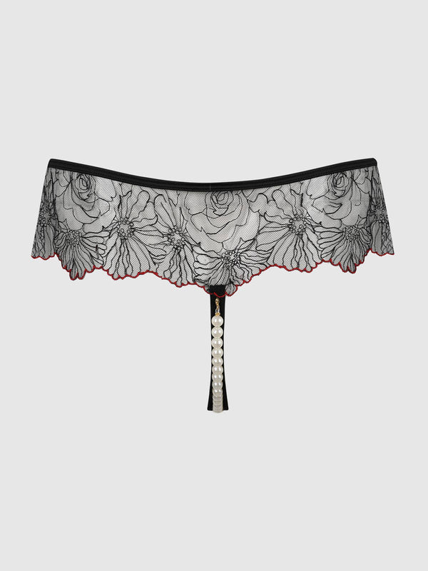 ILENA EMBROIDERED TULLE & PEARL CROTCHLESS THONG