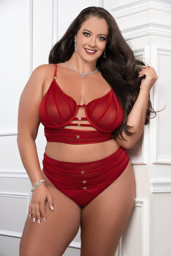 OH2467PQ Cinnamon Red - 2pc Satin Straps Bra and High Waist