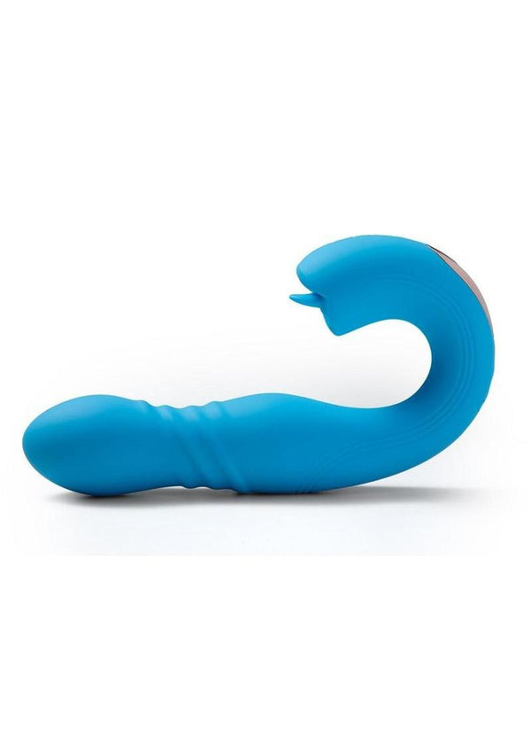Joi Thrust 2 Pressure Sensing App Controlled Thrusting G-Spot Silicone Rechargeable Vibrator and Tongue Clit Licker - Blue/Gold