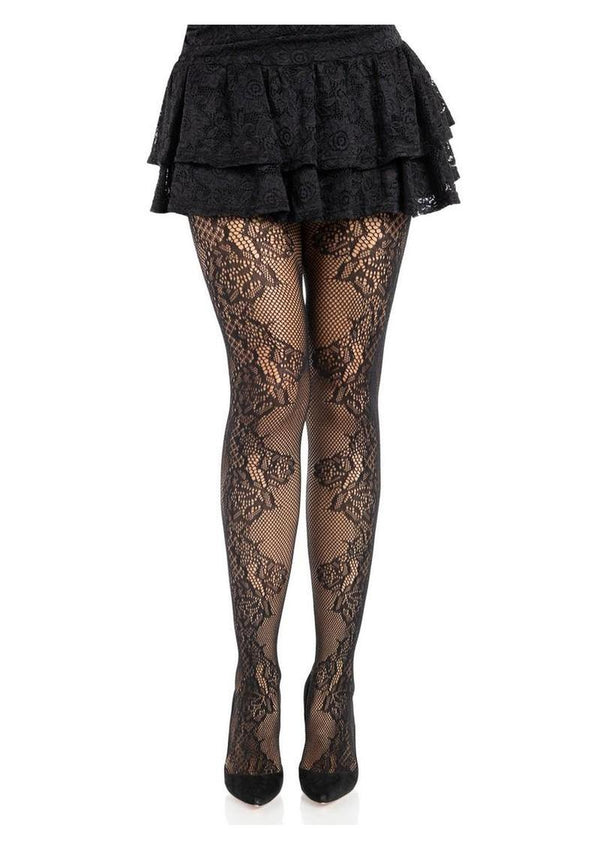 Leg Avenue Fleurine Eyelet Lace Tights - Black - One Size