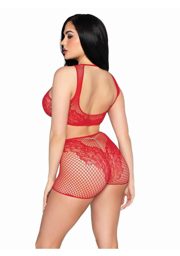 Leg Avenue Net and Lace Crop Top and Matching Boy Shorts (2 Piece) - Os - Red