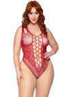 Leg Avenue Seamless Net Lace Bodysuit with Dual Shoulder Straps and Cheeky Cut Bottom - Burgundy/Red - Queen/XLarge/XXLarge