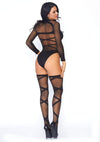 Leg Avenue Sheer Criss Cross Bodysuit with Matching Thigh High - Black - One Size - 2 Piece Set
