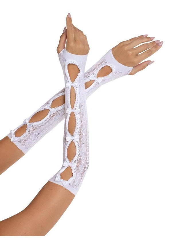 Leg Avenue Sweetheart Striped Keyhole Arm Warmers with Mini Bow Accents - White - One Size