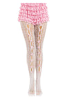 Leg Avenue Sweetheart Striped Net Tights with Keyhole and Mini Bow Detail - Pink/White - One Size