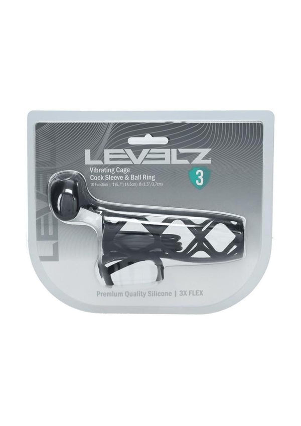 Levelz Vibrating Silicone Rechargeable Cock Cage and Ball Ring - Black