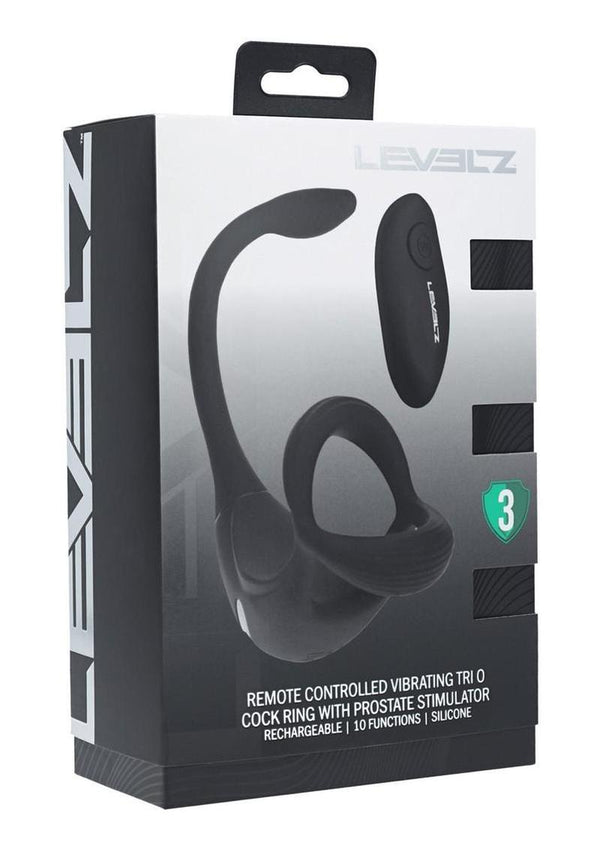 Levelz Vibrating Silicone Rechargeable Tri O Cock Ring with Prostate Stimulator and Remote Control - Black