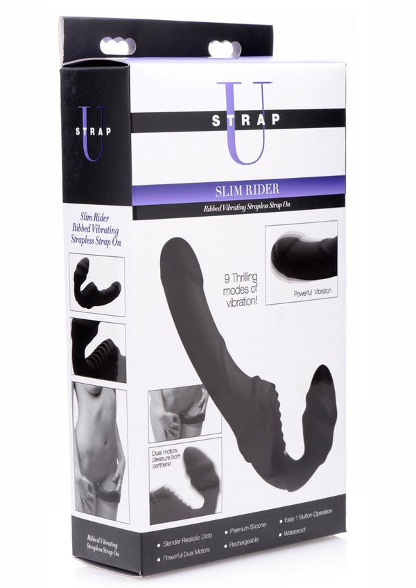 Strap U Slim Rider Rechargeable Silicone Strapless Strap-On - Black